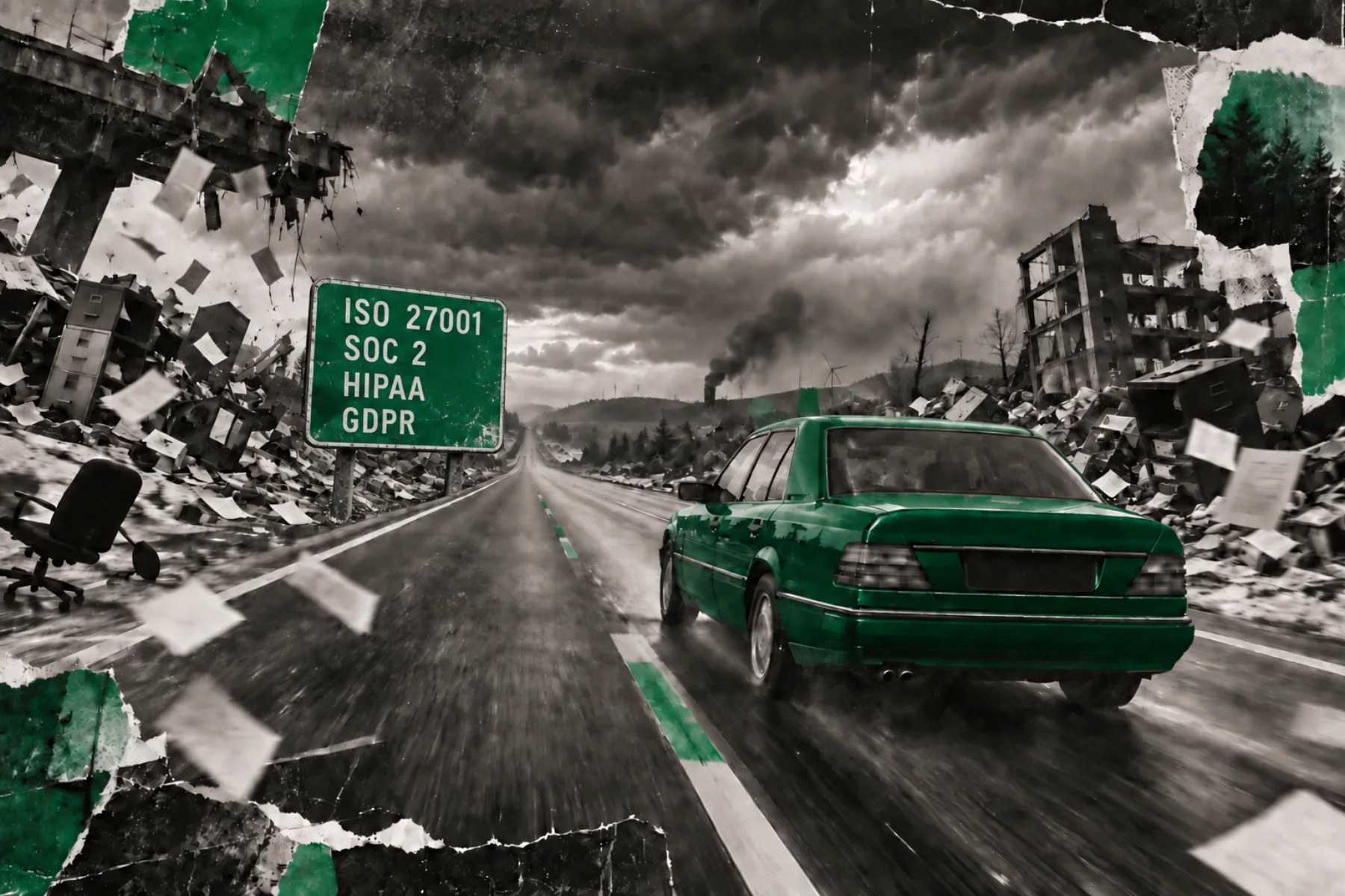 A black sedan running smoothly along an open Autobahn while office debris collapses across the surrounding countryside